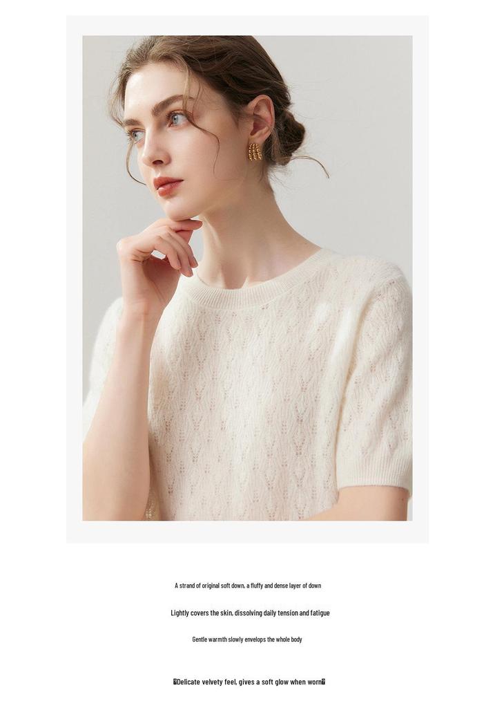 Lekasha 100% Pure Cashmere Round Neck Hollow Knit Short Sleeve T-Shirt