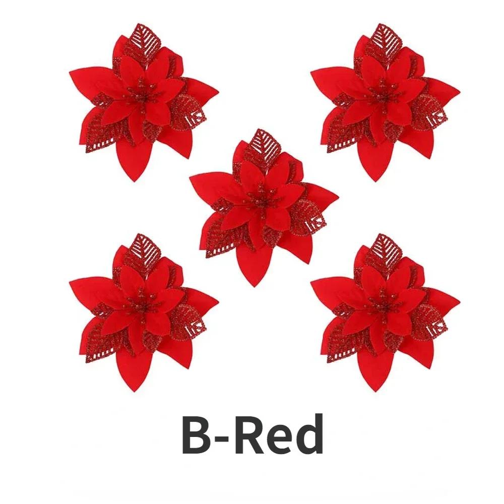 20/5PCS Artificial Glitter Christmas Flowers with Clip Xmas Tree Hanging Ornament Fake Flower New Year Party Home Decor Supplies