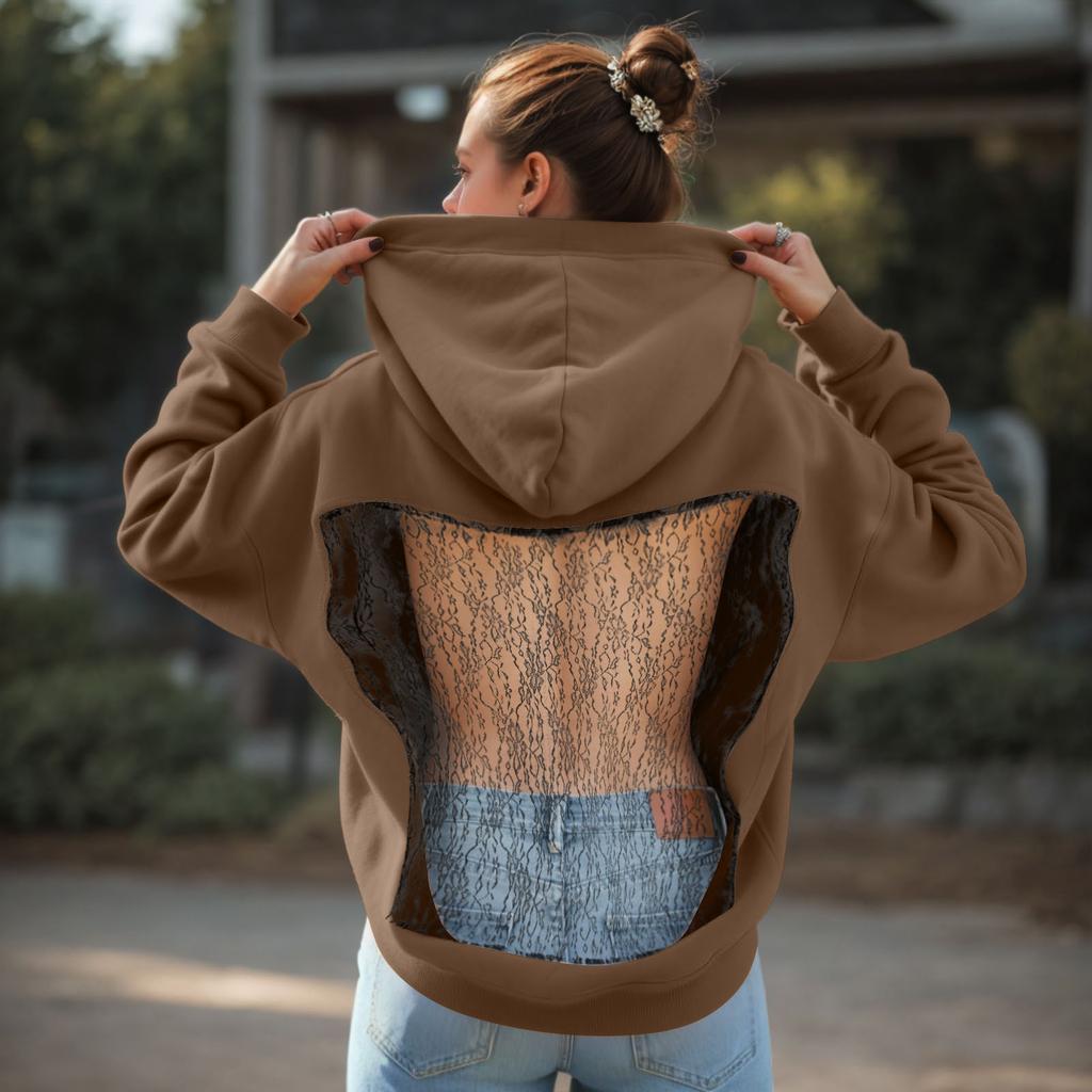 Harajuku Kapuzenpullover Damen Rückenfrei Netz-Patchwork Hoodies Streetwear Transparente Pullover Sport-Sweatshirt Tops