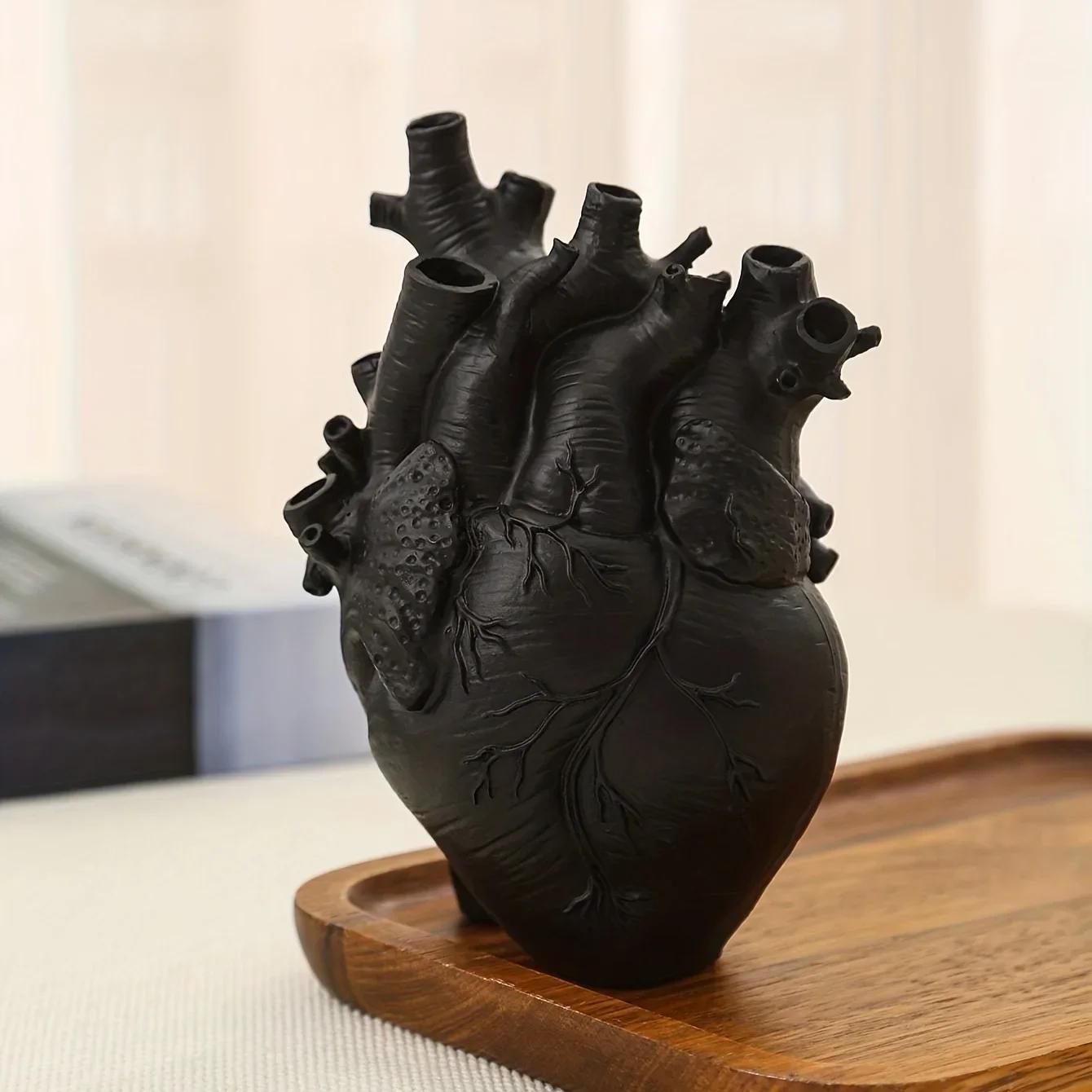 

Black Anatomical Heart Vase Simulation Heart-Shaped Art Resin Vase Decorative Potted Flower Vessel Gift Room Office Desk Decor чёрный