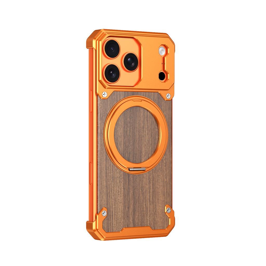 Luxury Metal Alloy Frame Wood Frameless Phone Case For iPhone 17 pro max 16 15 Pro Max Magsafe Magnet 360 Rotating Bracket Cover