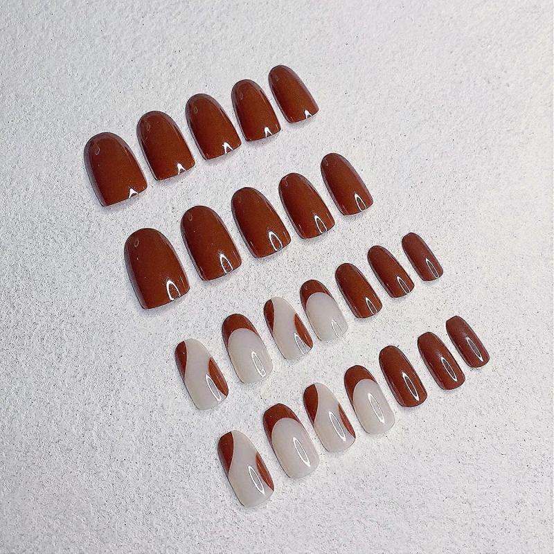 24 Pcs Press On Nails Medium, Heytea Almond Fake Nails with Nail Glue, False Nails with Designs Acrylic Nails Glue On Nails for Women and Girls (Brown