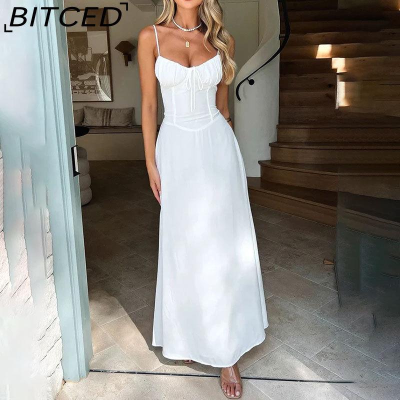 BITCED Women's Elegant Lace-Up A-Line Solid-Colour Midi Dress