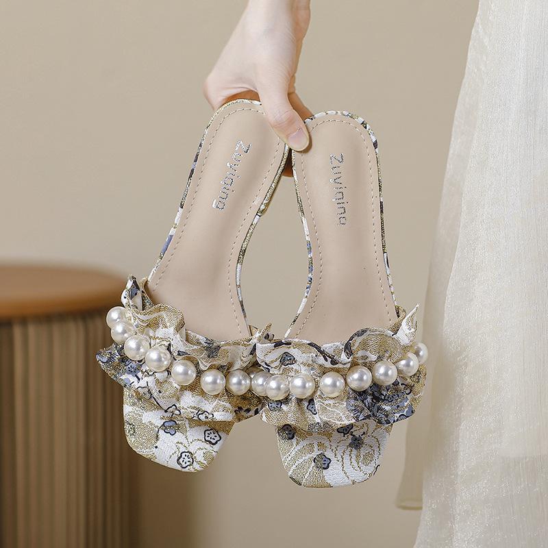 Fashion embroider ruffles low heel slippers women pearl beading flip flops mixed color printing slides sandalias de tacón big size 43