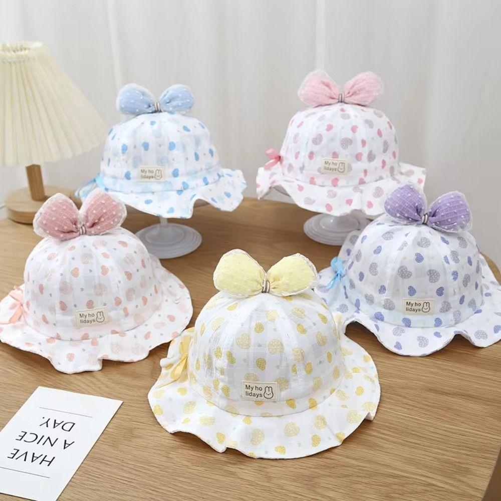 Adjustable Cute Bow Infant Basin Cap Heart Print Kids Fisherman Hat  Newborn