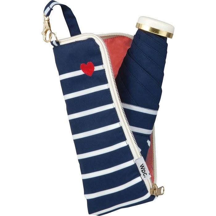 Wpc. Folding Umbrella Heart Embroidery Border Mini Navy Multi-Use 50cm Womens Cute Stylish Commute School Travel Umbrella Case Pouch Korean