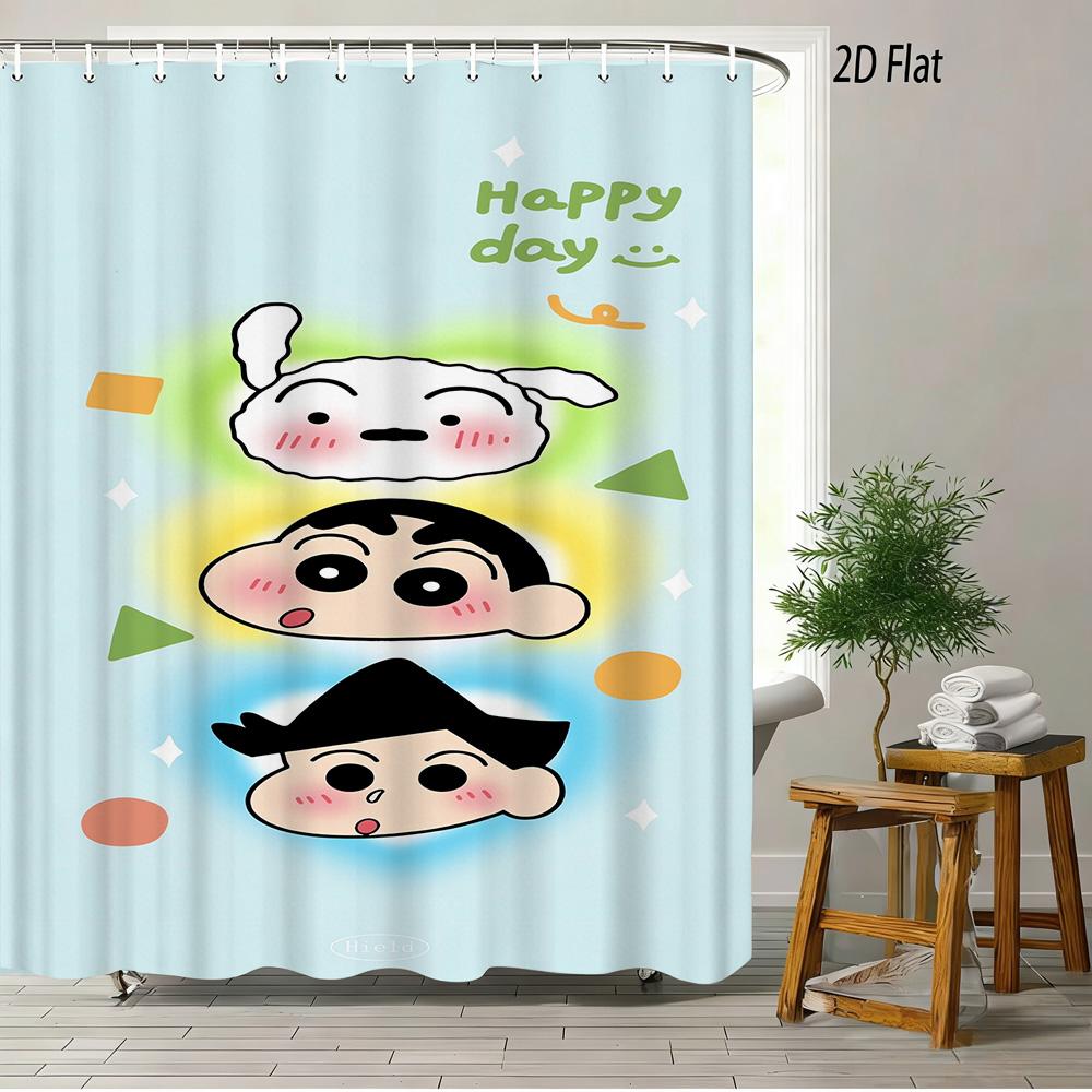 Crayon Shin-Chan Cheese & Shiro 2D Print Waterproof Shower Curtain, Cute Cartoon Bathroom Decor With Hooks