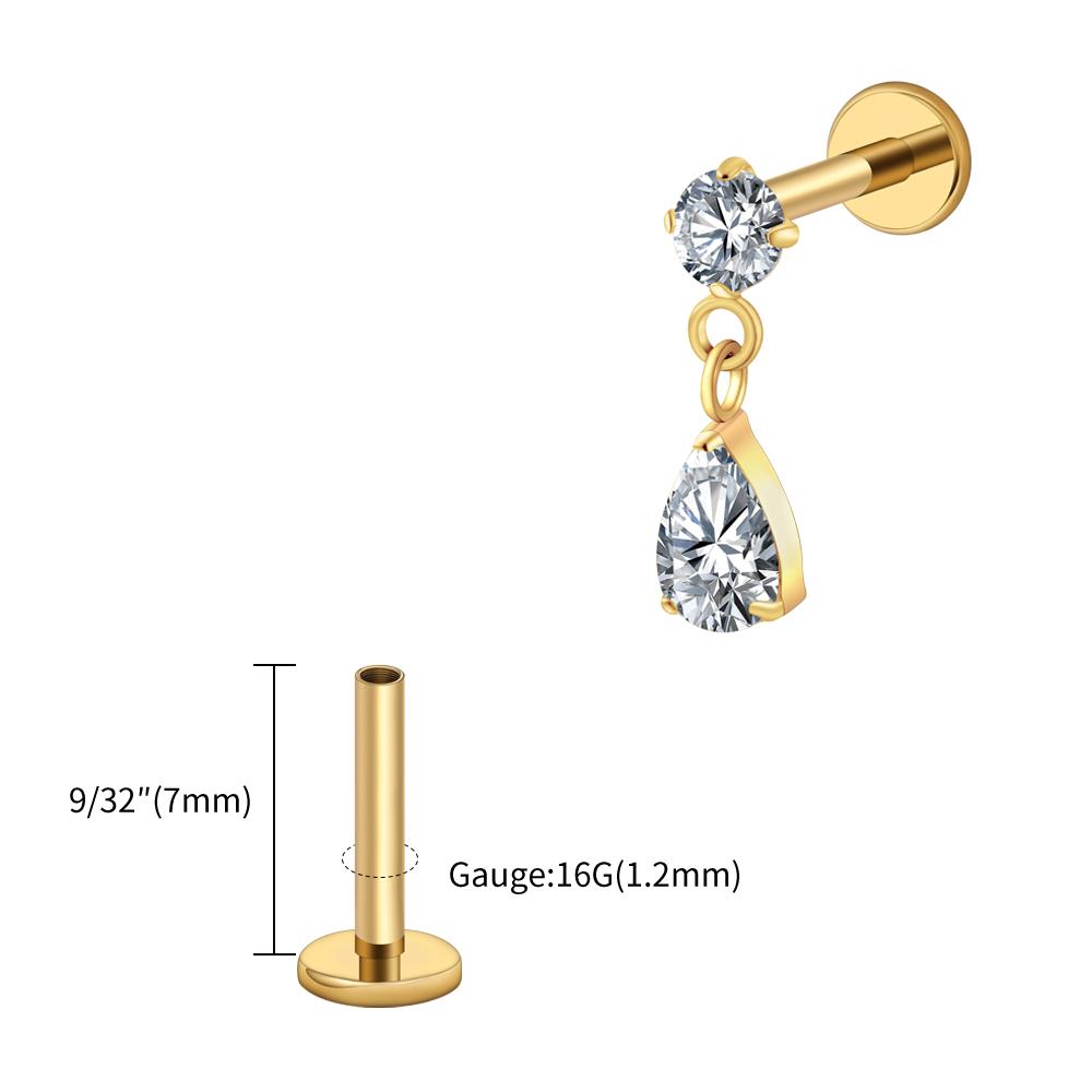 Right Grand ASTM F136 Titanium 16G Teardrop Dangle CZ Labret Stud Waterdrop Tragus Cartilage Earring Flatback Helix Piercing