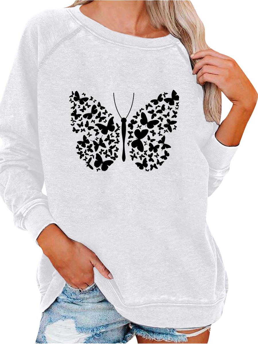 Женский пуловер оверсайз, толстовка с принтом бабочки, женская модная толстовка на весну/осень S