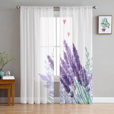 Watercolor Lavender Bouquet Chiffon Sheer Curtains For Living Room Bedroom Decoration Window Tulle Curtains Drapes