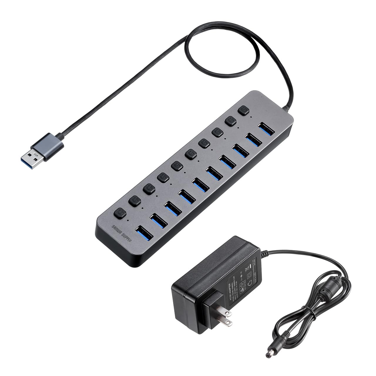 

Sanwa Direct 400-HUBA23GM 10-Port Self-Powered USB Hub with Individual Switches, USB 3.2/5Gbps, and AC Adapter