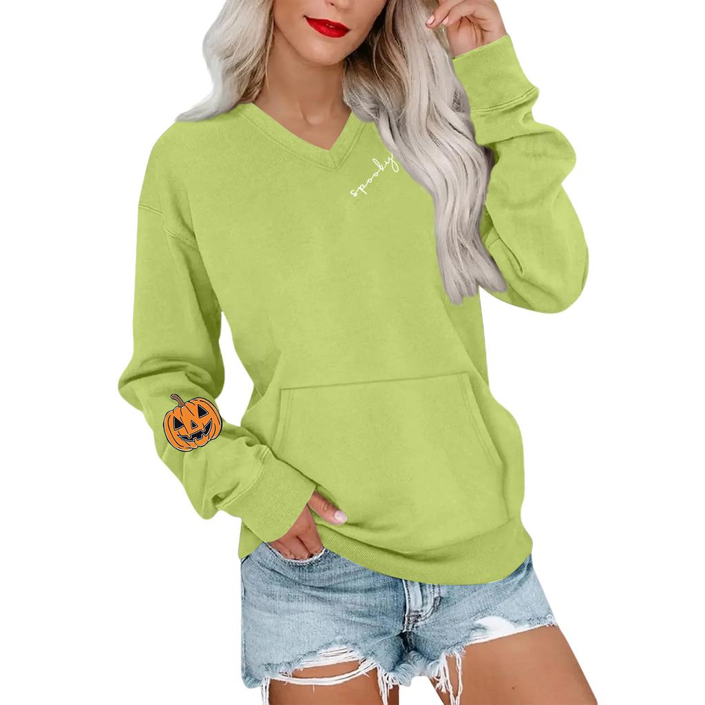 Women's Casual Fashion Halloween Print V-Neck Long-Sleeve Sweatshirt Lightweight Pullover Hoodie With Pockets