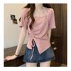 Pink Square Neck Short Sleeve T-shirt Pure Lust Spicy Girl Pleated Design Women Slim Top Casual Solid Color Korean Fashion
