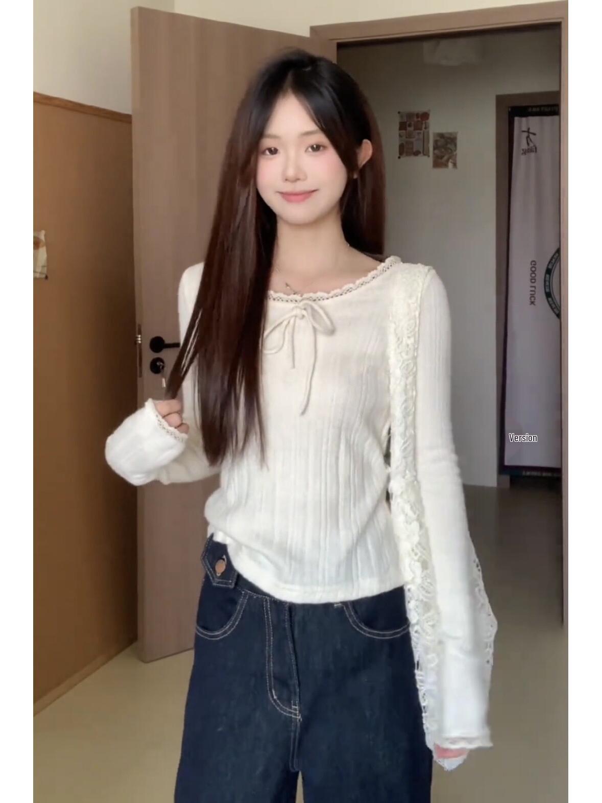 

Вязаная футболка с длинным рукавом и кружевной отделкой в корейском стиле - Женский осенний шикарный облегающий топ Small