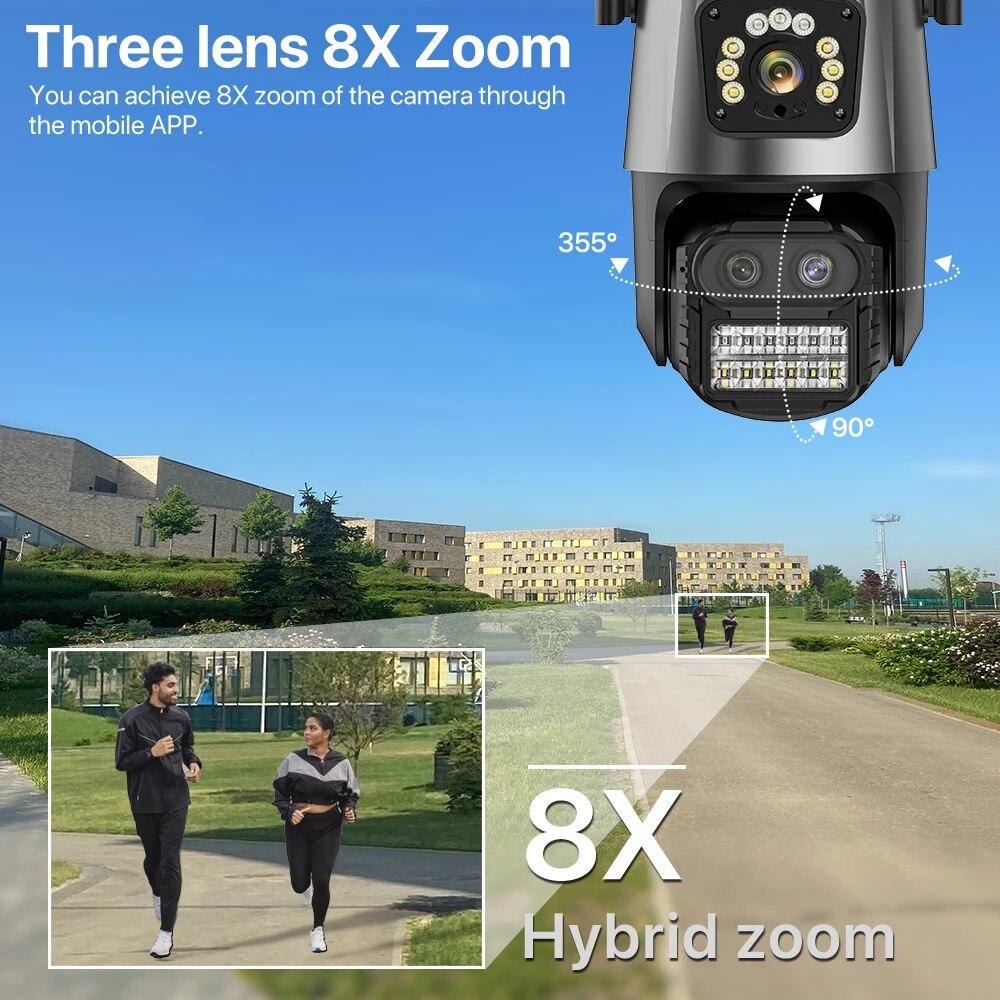 LS VISION Cámara PTZ Exterior UE 9MP 4K HD Zoom Híbrido 8X Tres Lentes Doble Pantalla Cámara IP Wifi 4MP Alarma Luz Policial Vigilancia CCTV ICSee