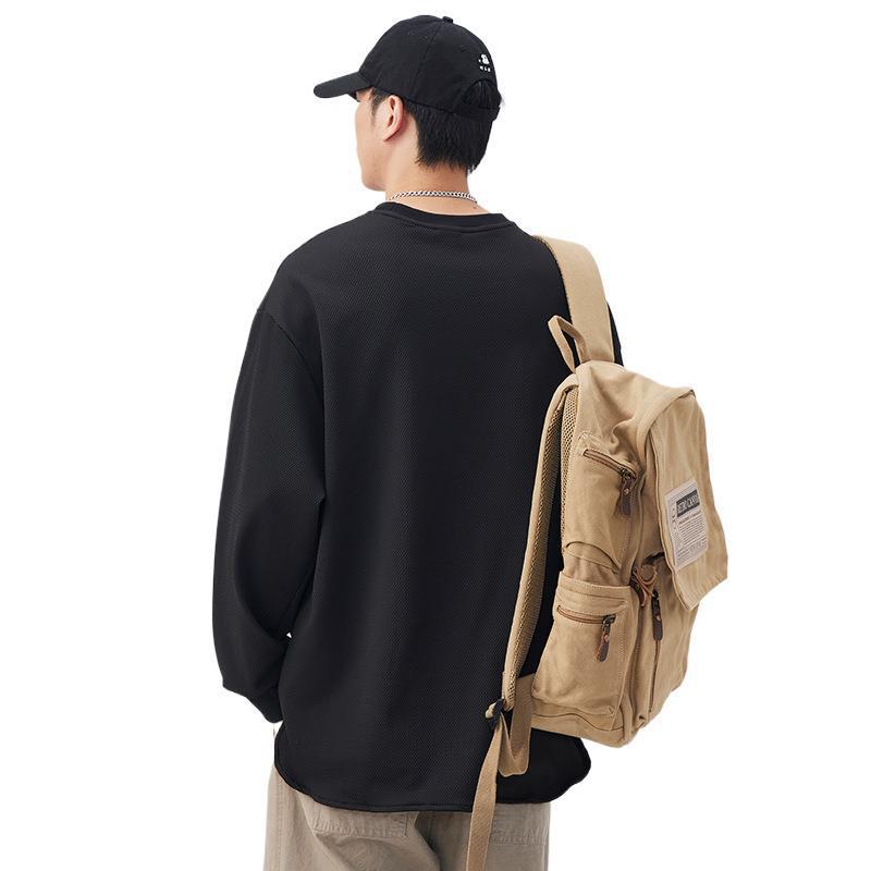 Air-layer Pearl-ground Sweatshirt Men's Round Neck Hem Slit Pullover Long-sleeved T-shirt Solid Color Base Shirt