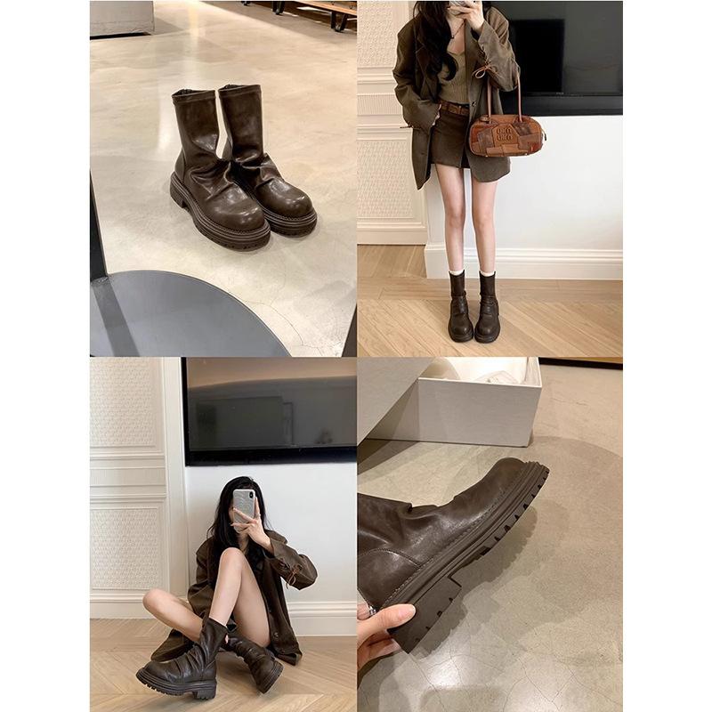 British style thick-soled pleated stacked Martin boots women's 2025 new height-increasing and thin rear zipper elastic thin boots