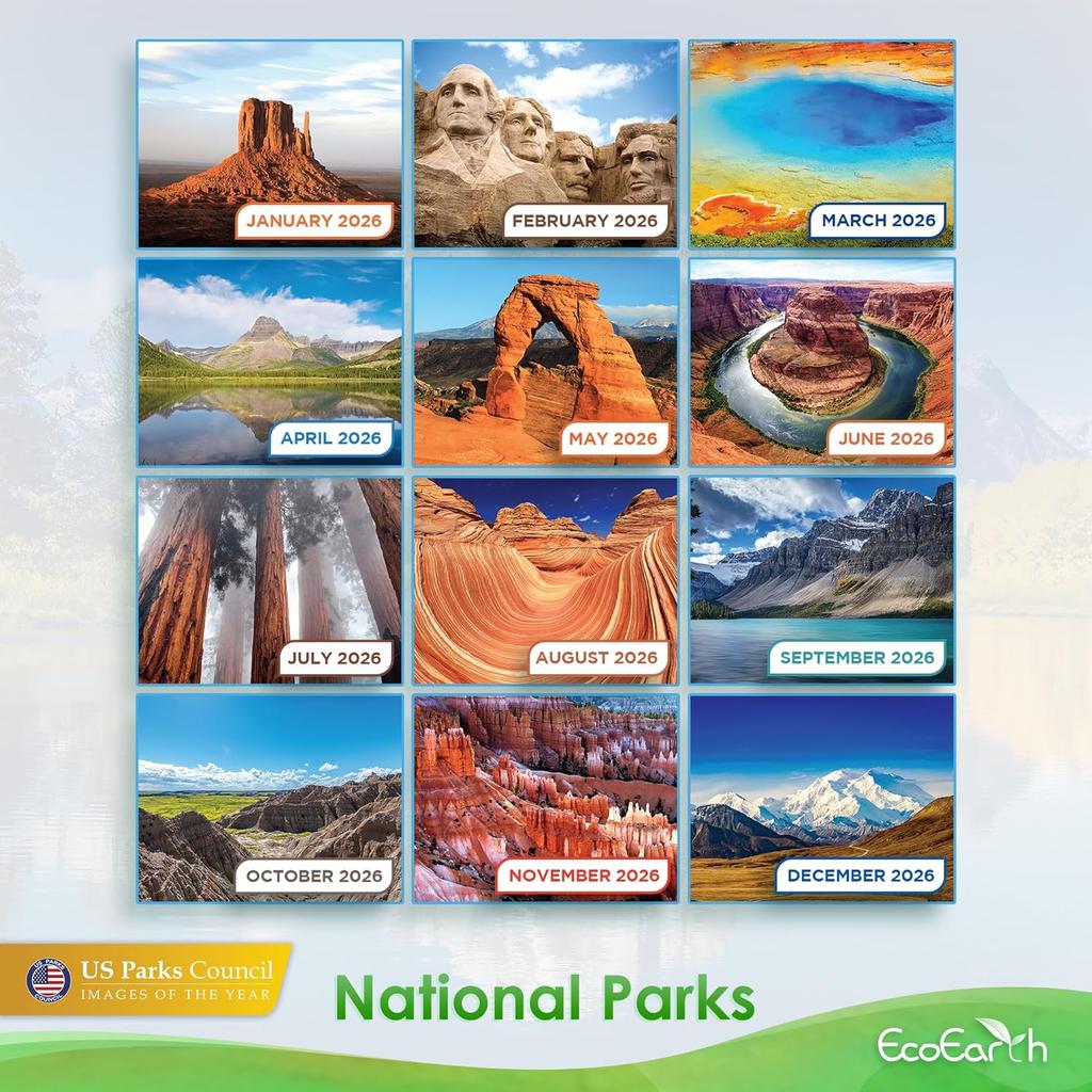 EcoEarth - Biodegradable 11x17 Inch - Open - 12-Month Vertical Hanging Wall Calendar - National Parks - 2026 Monthly Calendar