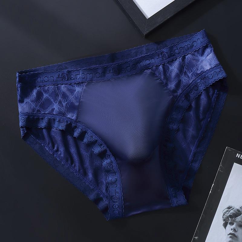 Lace See Through Sissy Pouch Lingerie Panties Men'S Seamless Ice Silk Briefs Thin Breathable Sexy 3D Convex Pouch Underpant