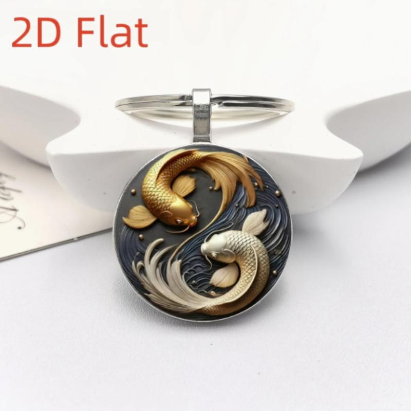 Fashion New 2D Yin Yang Koi Round Glass Lucky Pendant, Fashion Bag And Car Key Decoration, Holiday Gift