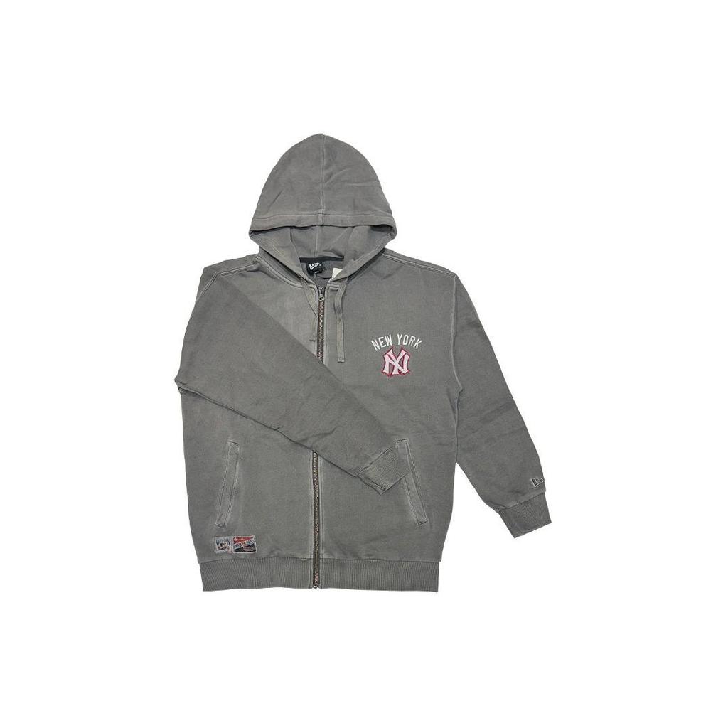 New Era MLB Logo Letter Hooded Zip Washed Vintage Long Sleeve Cardigan American Sweatshirt Unisex Jackets Gray 13789213