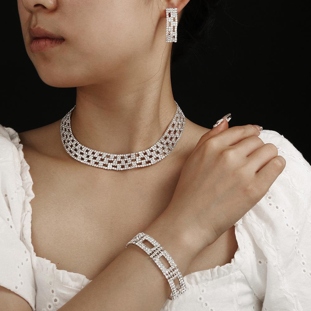 Jewelry Luxury Wedding Dinner Party Women'S Water Diamond Hollow Necklace Stud Earrings Two-Piece Set