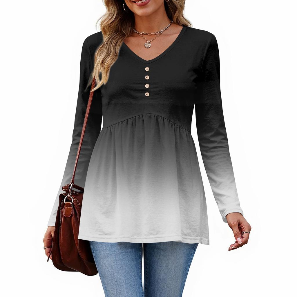 Women's Casual Fashion V-Neck Button Gradient Long Sleeve Top