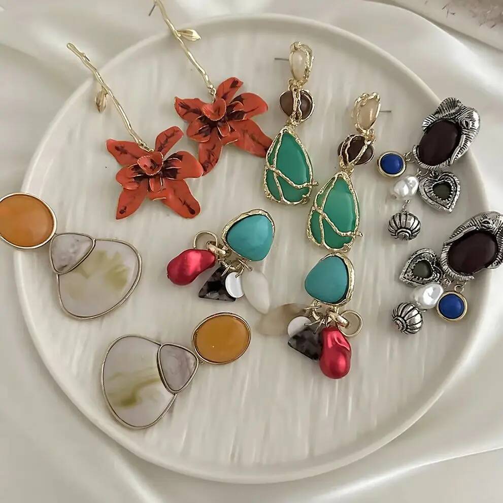 Salircon 5 Styles Retro Hollowout Round Drop Earrings Women Boho Acrylic Bead Tassel Pendant Earring Trendy Jewelry Accessories