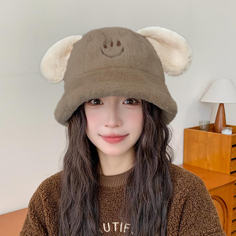 Puppy ears plush bucket hat female winter cute student versatile small face thickened warm basin hat