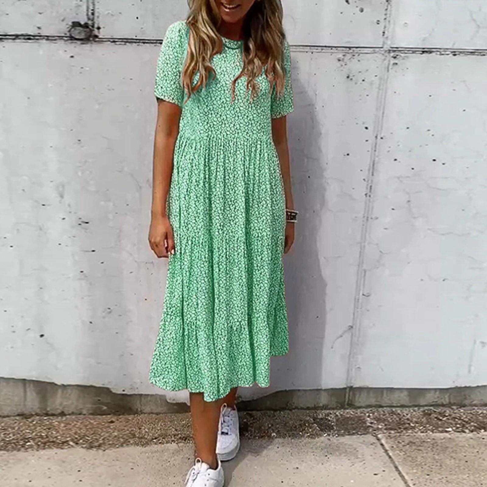 

Женское модное свободное и красивое платье с короткими рукавами и круглым вырезом с цветочным принтом L зелёный