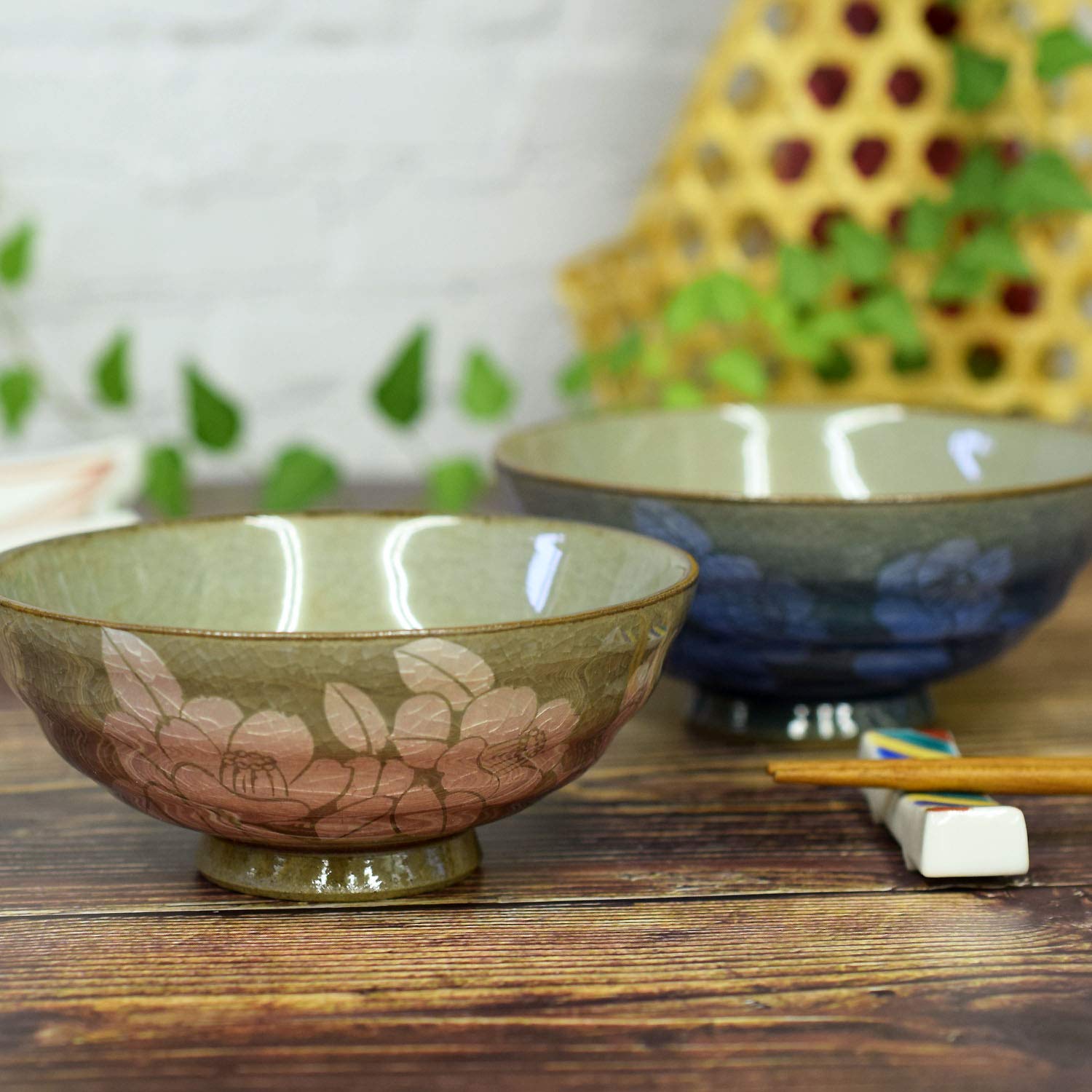 Waza no Kura Pair Rice Bowls - Stylish Japanese Tableware - Kutani Ware Couple s Rice Bowls with Silver Camellia Design - High-Quality Ceramic Tablewa