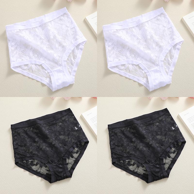 

FINETOO 4Pcs/Set Sexy Transparent Floral Lace Panties Mid Waist Soft Sheer Briefs For Women Comfortable Breathable Lingerie S