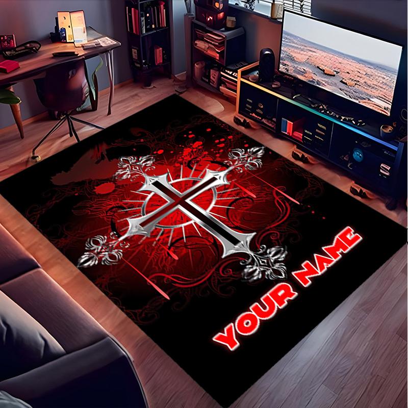 1PC Custom Name Elegant Gothic Cross Theme Floor Mat Ideal for Living Room, Game Rooms, Office, Bedroom,Floor Mat Playful Design
