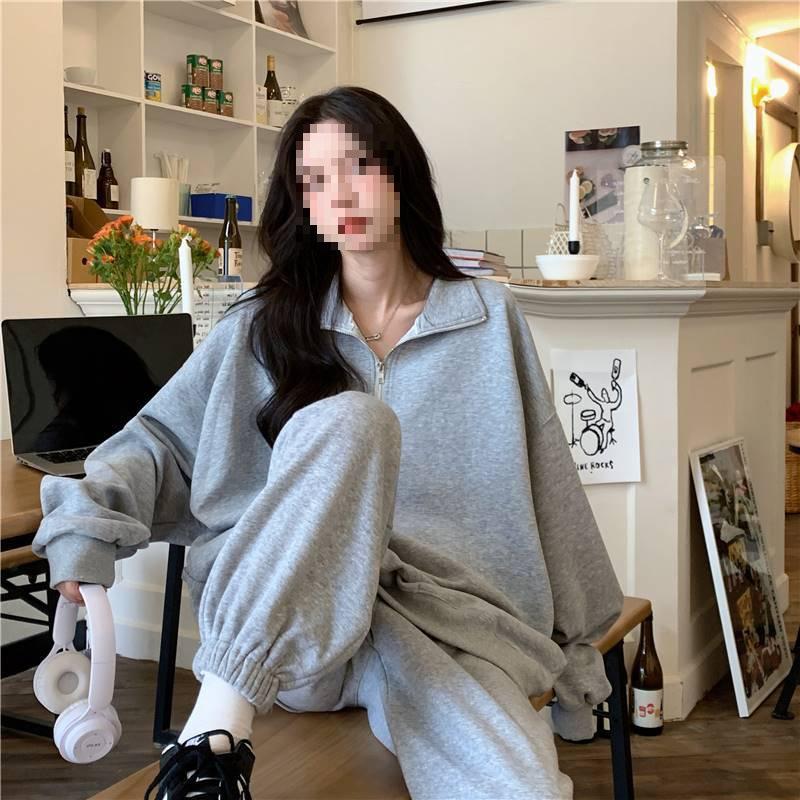 Women's Grey Mid-Length Polo Hoodie - Autumn Winter 2023 Lazy Style Trendy Outerwear