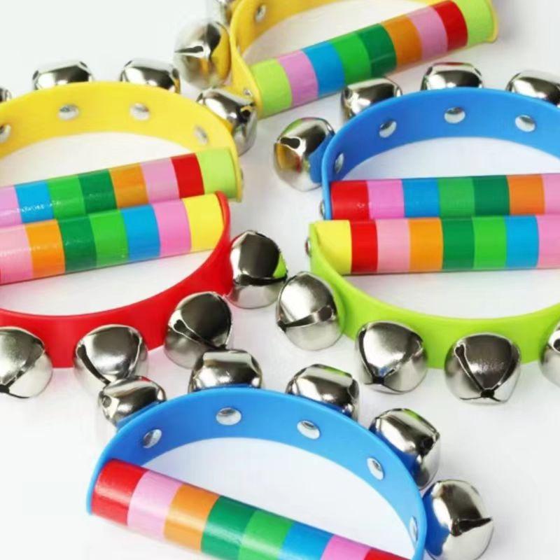 6PCS Wooden Handbell Rainbow Jingle Bell Shaker Rattle For Kids Baby Musical Instruments Montessori Preschool Early Educational
