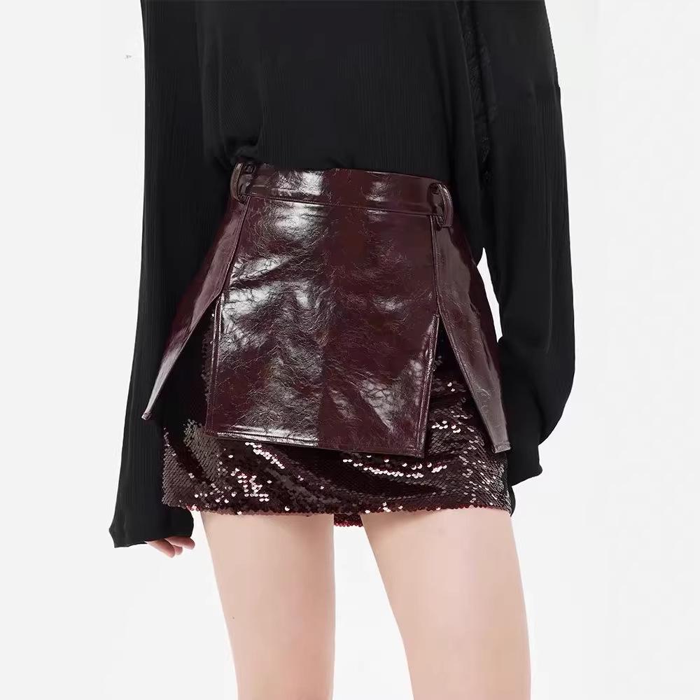 2026 Spring Elegant Wine Red A-line Sequin Leather Skirt - Slimming Two-Piece Design M вино красного