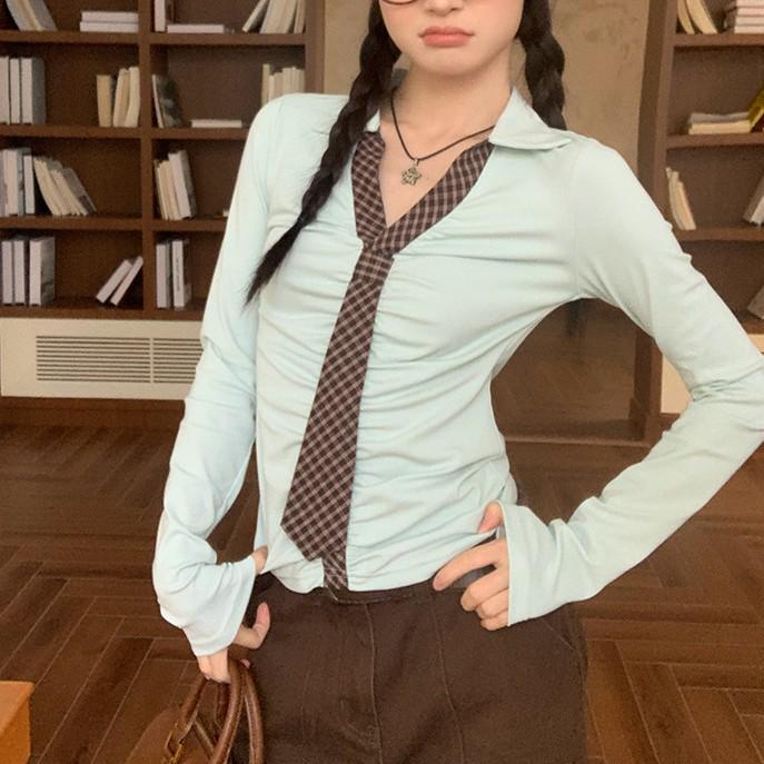 New Women's College Style Long Sleeve Color Block Lapel Top