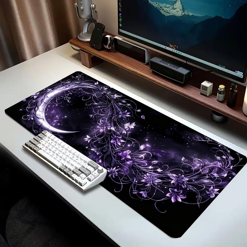 Purple Floral Crescent Moon Galaxy Large Gaming Mouse Pad Non Slip Rubber Desk Mat For Pc Laptop Office Home Gaming Setup