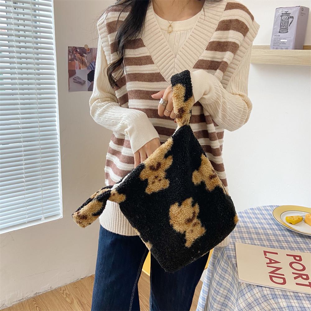 Black Plush Teddy Bear Tote Bag Adorable Soft Lambswool Casual Student Handbag