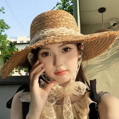 Lace Lace-up Woven Straw Hat Women's Summer Outing Big Brim Sun Protection Sun Hat Seaside UV Protection Beach Hat