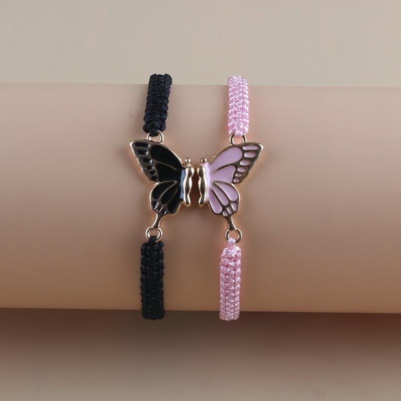 A Set of Two Bohemian Handmade Woven Bracelets Featuring a Charming Oil-Drop Butterfly Design, Perfect As Lucky Jewelry for Couples