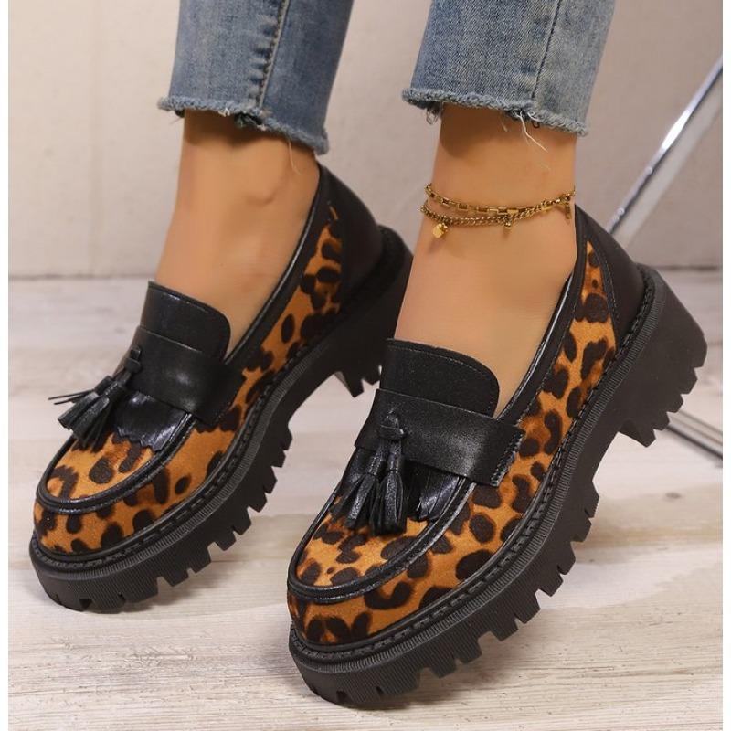 Fashion Women's Fashion Leopard Patchwork Slip-on Loafers Chunky Heel Platform Flats 2025 New Moccasins Casual Shoes Plus Size Zapatos