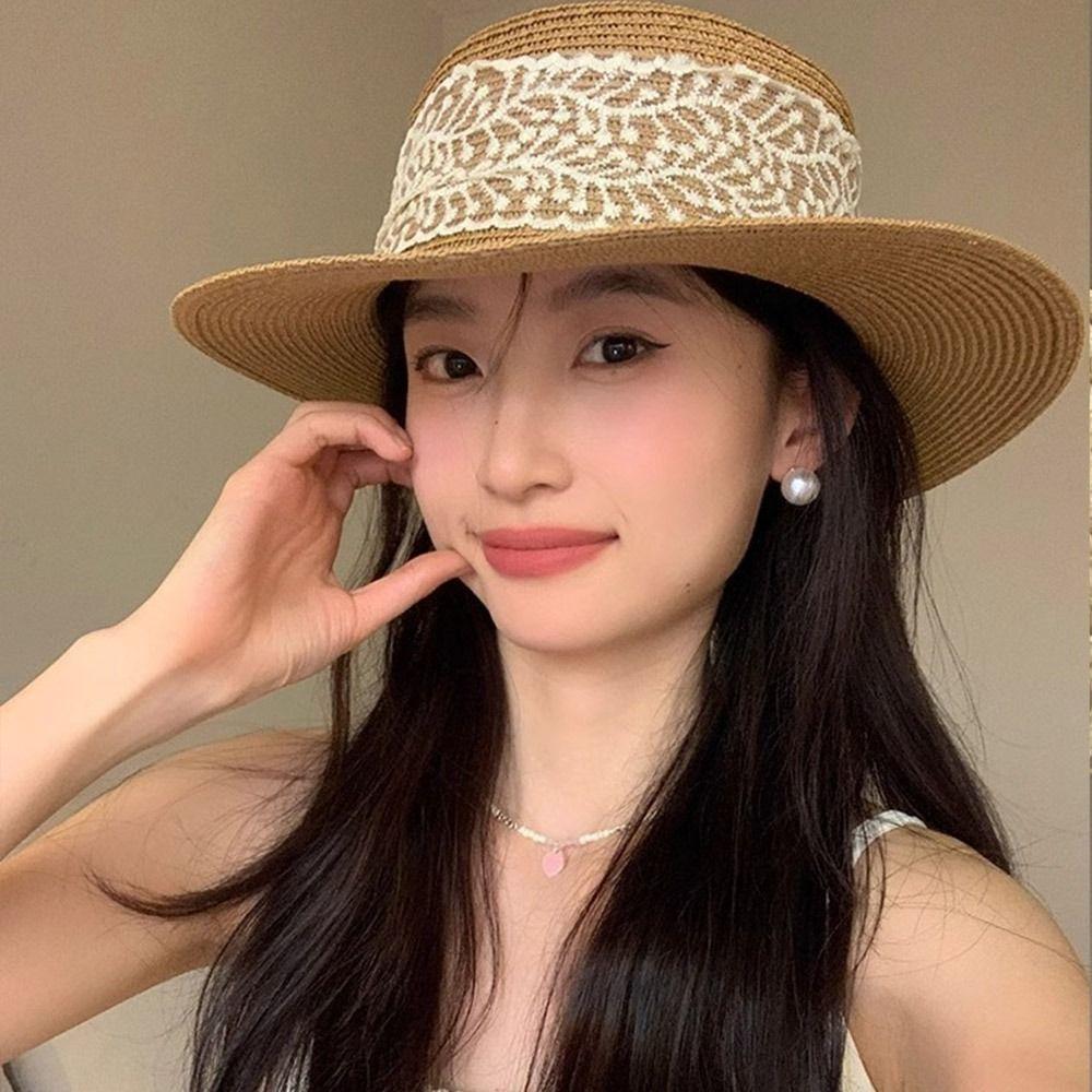 Spring Summer Bow Ribbon Straw Hat French Style Flat Top Sun Hat New Bow Lace Straw Hat  for Lady