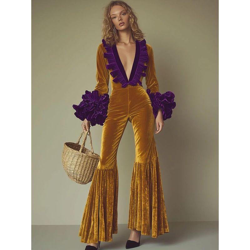 Cross-Border 2025 European and American Autumn and Winter New Style Velvet Patchwork Long-Sleeve Jumpsuit Ins Casual Party Women s Long Pants Yellow S