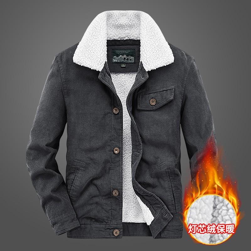 Mens Winter Fleece Corduroy Jacket Thick Workwear Multi-Pocket Lamb Lined Casual Loose Coat Middle-Aged