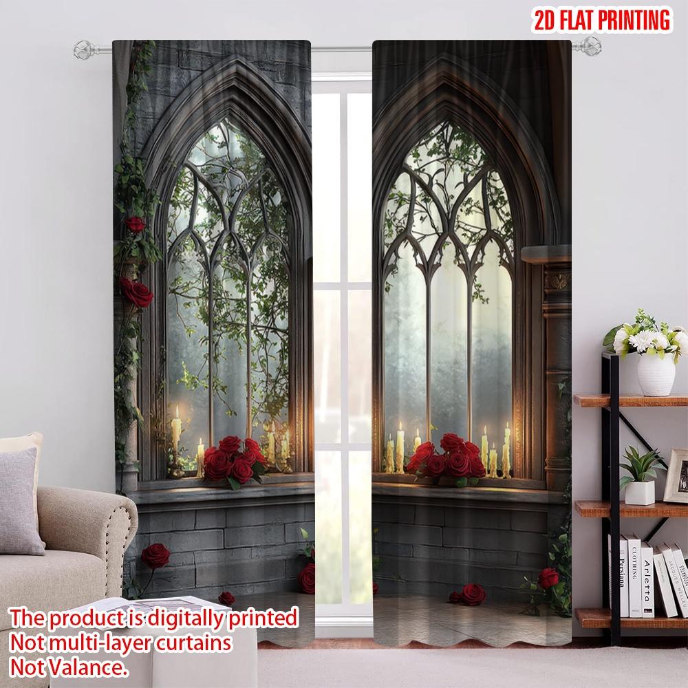 

2D flat printing 2pcs Window Curtains Gothic Red Rose Flowers Polyester,Without Electricity Festive Backdrops Suitable for 52.50 × 116.00 cm 2 pcs