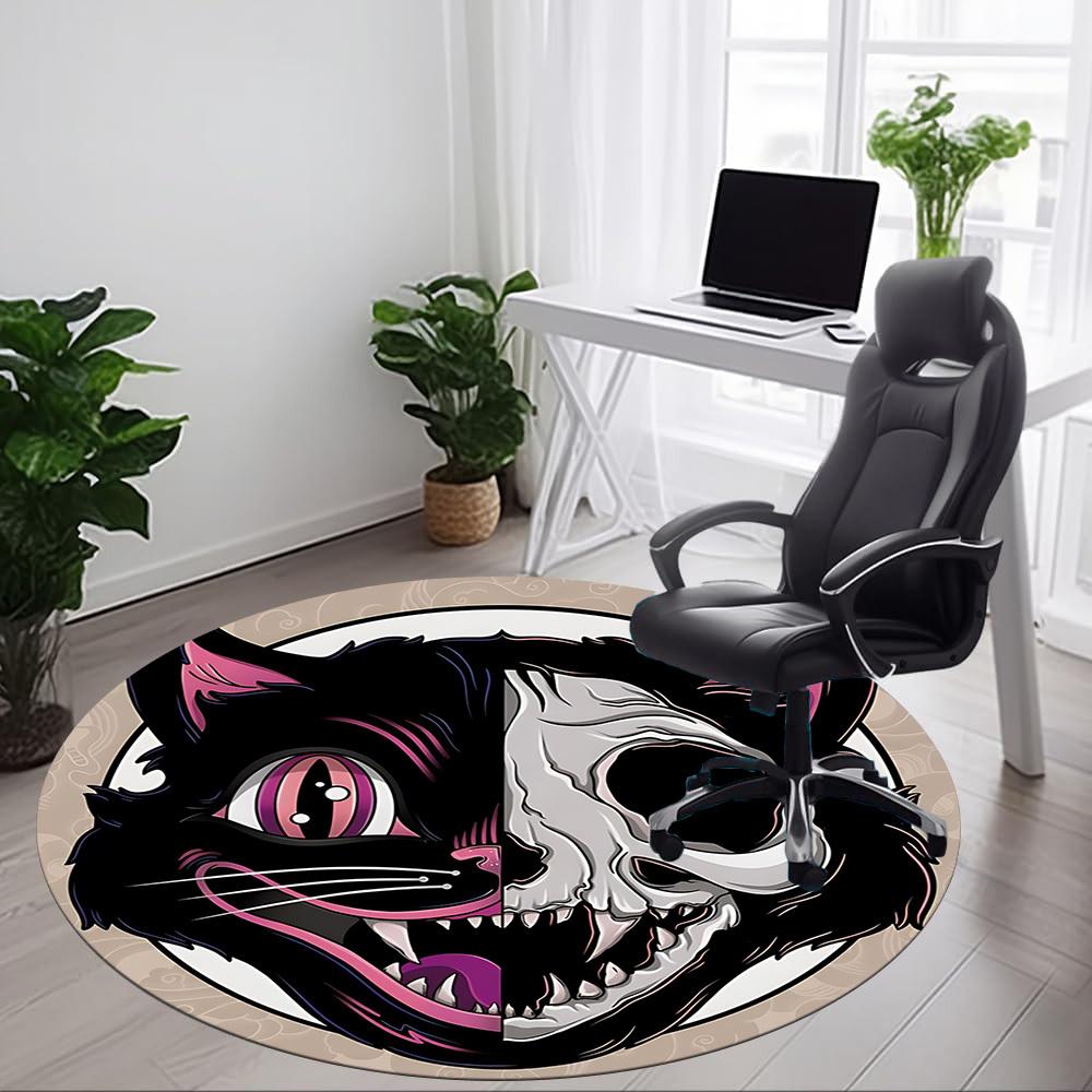 1pc Cat Skull Office Round Area Rug, Under Office Chairs Bedroom Living Room Home Decor, Room Deco, Available in Various Sizes