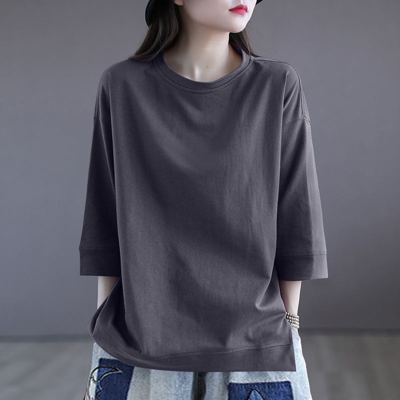 Foreign Trade Export Clearance 100% Cotton 3/4 Sleeve Fashion T-shirt Women Simple and Versatile round Neck Half Sleeve Split Top