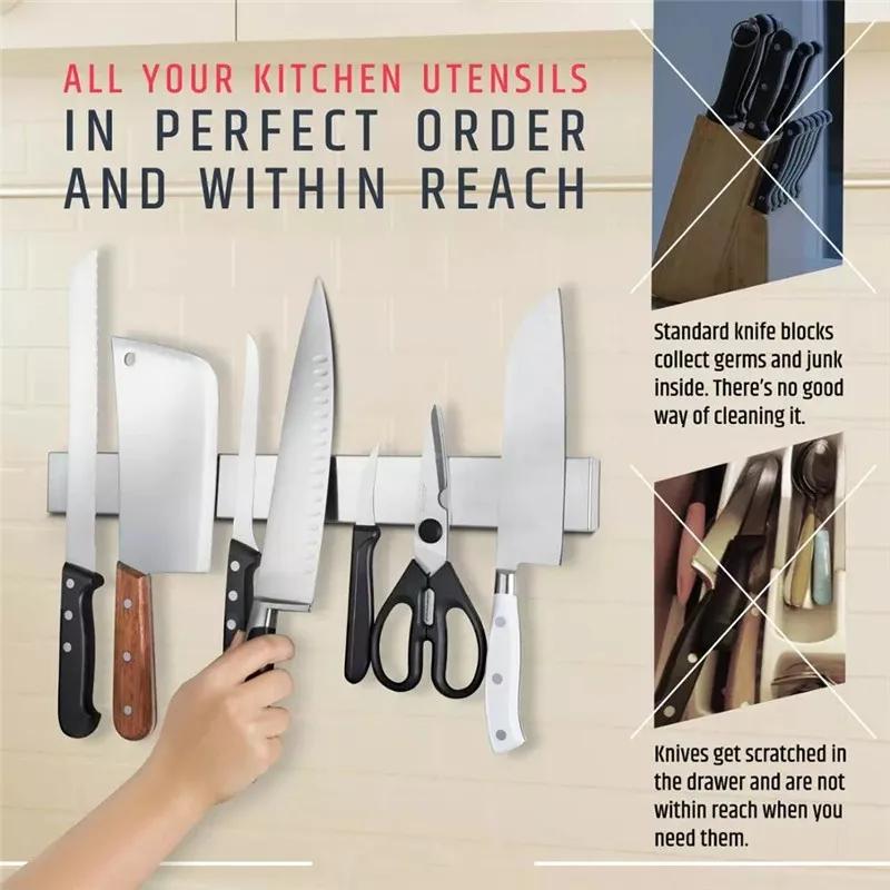 Knivställ i rostfritt stål, organizeringslist, stark magnetisk knivhållare, väggmontering, köksbar, förvaring, kökstillbehör