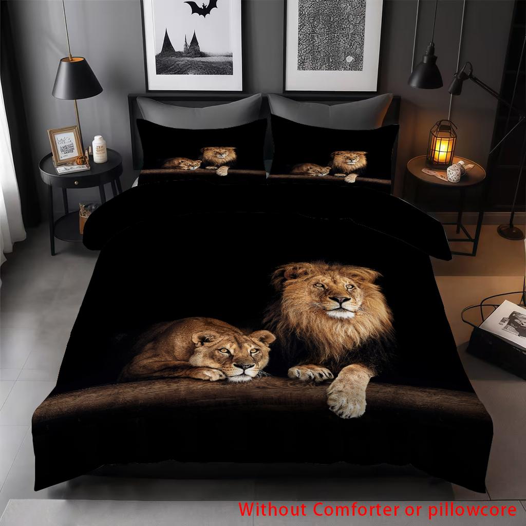 Black Lion Pattern 3D Printed Quilt Cover Set Wild Animals Theme Bedding Set For Kids Teens Adults Soft Quilt Cover Pillowcases